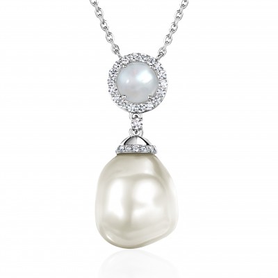 Колье с жемчугом, бриллиантом и лунным камнем из белого золота 585 пробы фото