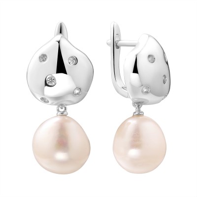 Серьги с цирконом и жемчугом из серебра 925 пробы фото