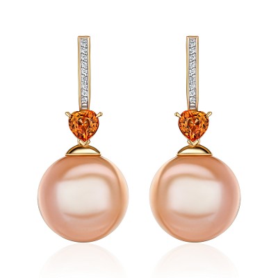 Серьги с жемчугом, бриллиантом и сапфиром из желтого золота 585 пробы фото