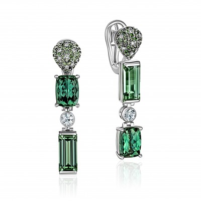 Серьги с бриллиантом, сапфиром и турмалином из белого золота 585 пробы фото