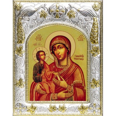 Икона Божией Матери Троеручица в серебряном окладе фото
