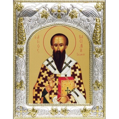 Икона Василий Великий в серебряном окладе фото