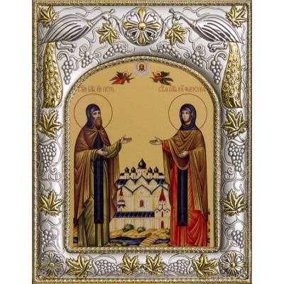 Икона Петр и Феврония Муромские 2 в серебряном окладе фото