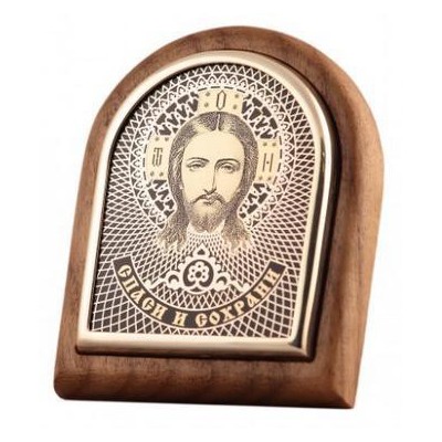 Христос Спасититель.  Дорожная икона обсидиан на дереве из серебра 960 пробы фото