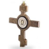 Дорожный крест "Господи, спаси и сохрани" обсидиан/дерево  (190мм х 170мм) серебро 925 пробы фото
