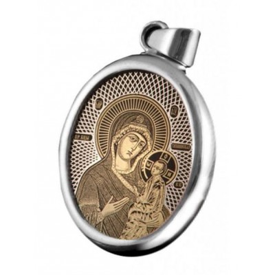 Тихвинская икона Божией Матери. Иконка в виде овала обсидиан из серебра 925 пробы фото
