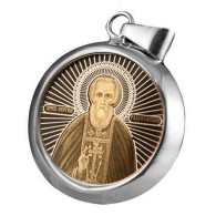 Святой преподобный Сергий Радонежский. Иконка в виде круга обсидиан из серебра 925 пробы фото