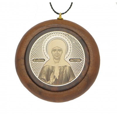 Круглая серебряная икона Святая Матрона Московская, обсидиан на дереве фото