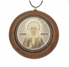 Круглая серебряная икона Святая Матрона Московская, обсидиан на дереве