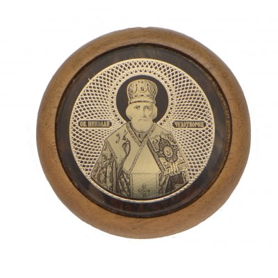 Круглая серебряная подвеска в машину Николай Чудотворец, икона обсидиан на дереве. фото