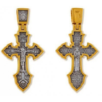 Крест православный "Распятие Христово. Св. Сергий Радонежский" из серебра 925 пробы с желтой позолотой фото