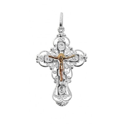 Нательный крестик с золотым Распятием Христовым из серебра Ag 925/Au 585 фото
