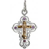 Крестик с золотым Распятием Христовым из серебра с корундами Ag 925/Au 585 фото