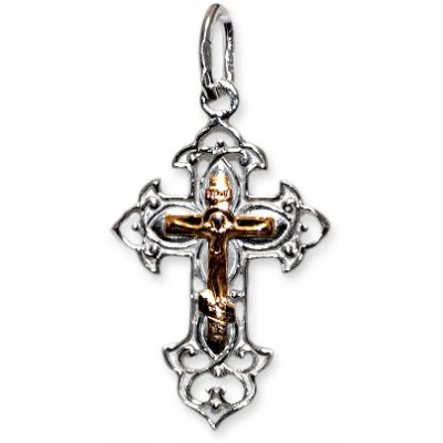 Нательный крестик с золотым Распятием Христовым из серебра  Ag 925/Au 585 фото