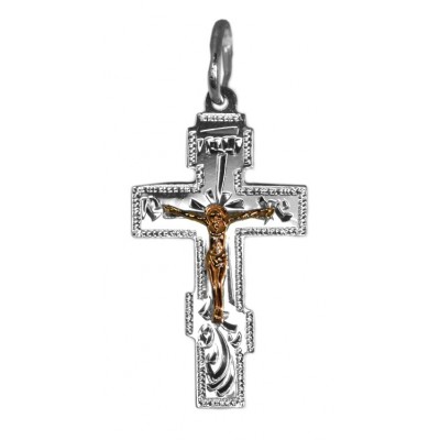 Православный нательный крест с золотым Распятием Христовым из серебра 925 пробы фото