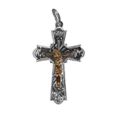Нательный крестик с золотым Распятием Христовым из серебра 925 пробы фото