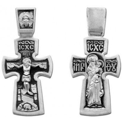 Крест православный Распятие Христово. Богородица с младенцем из серебра 925 пробы с чернением фото