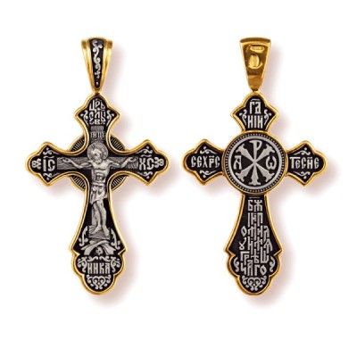 Распятие Христово. Хризма. Православный крест из серебра 925 пробы с желтой позолотой и чернением фото