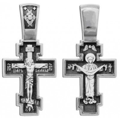 Крест православный Распятие Христово. Покров Богородицы из серебра 925 пробы с чернением фото