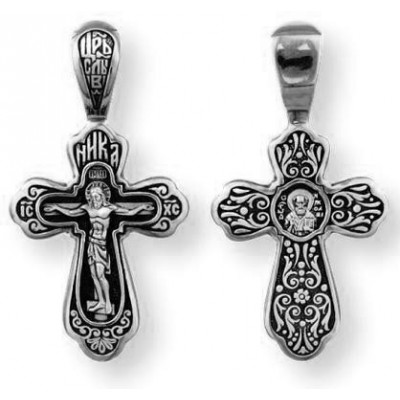 Распятие Христово. Святитель Николай. Православный крест из серебра 925 пробы с чернением фото