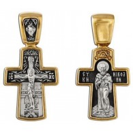 Распятие Христово. Святитель Николай. Православный крест, серебро 925 пробы с желтой позолотой и чернением фото