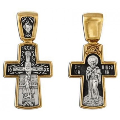 Распятие Христово. Святитель Николай. Православный крест, серебро 925 пробы с желтой позолотой и чернением фото