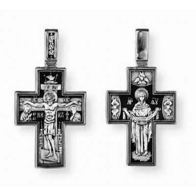 Нательный крест на шею "Распятие Христово. Покров Пресвятой Богородицы" серебро 925 пробы чернением фото