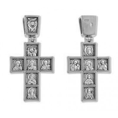 Православный нательный крест с ликами Спасителя, Богородицы святых и ангелов, из серебра 925 пробы с чернением фото