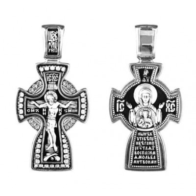 Распятие Христово. Икона Божией Матери "Знамение". Крест православный из серебра 925 пробы с чернением фото