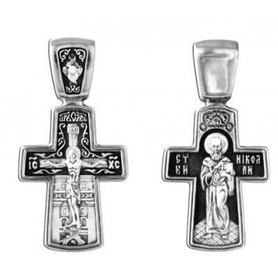 Крест православный "Распятие Христово. Святитель Николай" из серебра 925 пробы с чернением фото