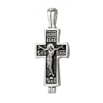 Нательный мощевик-крест Распятие Христово с молитвой на обороте из серебра 925 пробы с чернением фото