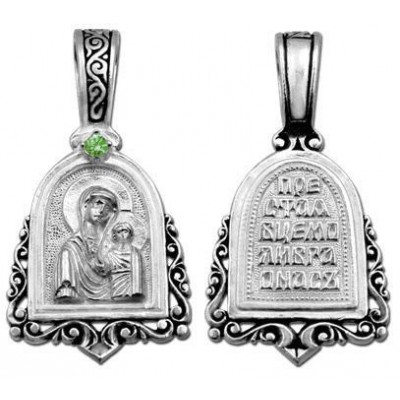 Казанская Богородица. Нательный образок с фианитом, серебро 925 пробы с чернением фото