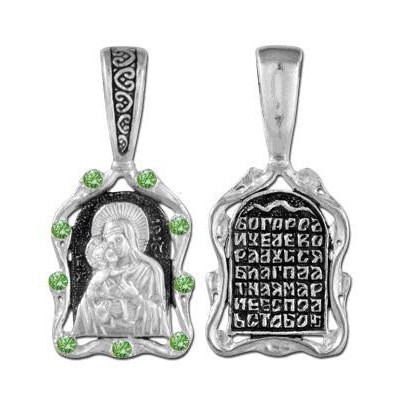Владимирская Божия Матерь. Нательная иконка с фианитами из серебра 925 пробы с чернением фото