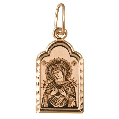 Семистрельная (Умягчение злых сердец)  Богородица. Нательная иконка из серебра 925 пробы с красной позолотой фото