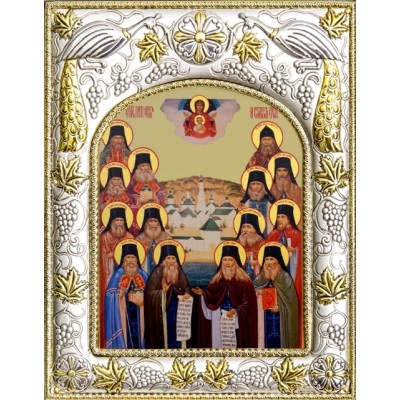 Икона Оптинские старцы в серебряном окладе фото