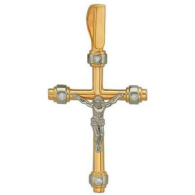 католический нательный  крестик с бриллиантами из жёлтого и белого золота 585 пробы фото