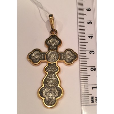 Позолоченный нательный крест на шею Распятие Христово. Икона Казанской Божией Матери, серебро 925 пробы с желтой позолотой фото