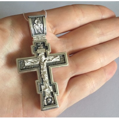 Нательный крест с молитвой Честному Кресту: " Да воскреснет Бог..." из серебра 925 пробы с чернением фото