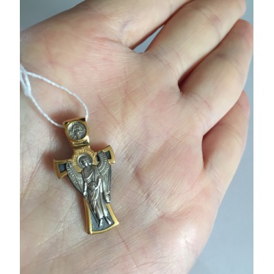 Ангел Хранитель. Иконка-крест на цепочку, серебро 925 пробы с желтой позолотой фото