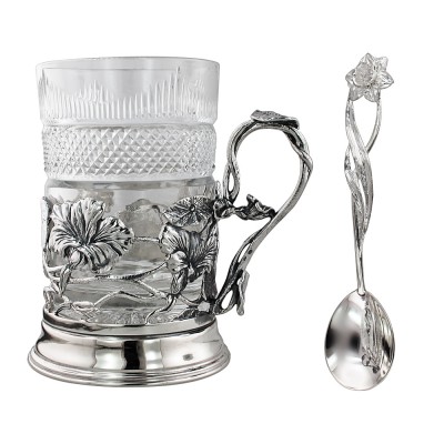 Великолепный чайный набор "Настурция" из серебра 925 пробы, 3 предмета в подарочном футляре фото