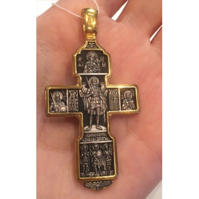 "Распятие Христово с предстоящими. Святая Троица". Крест из серебра 925 пробы с желтой позолотой и чернением фото